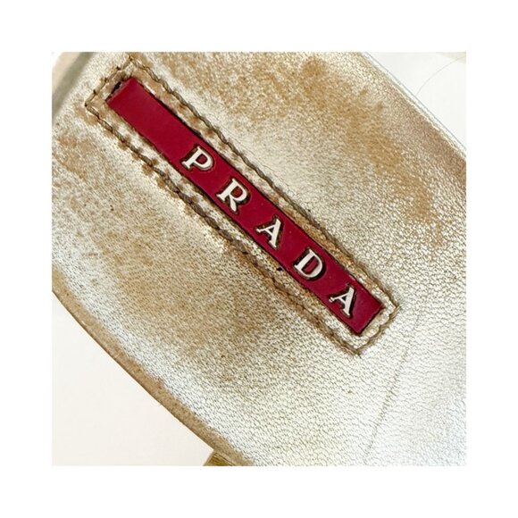 PRADA Gold Leather T Strap Wedge Sandals Size 38.5 (8.5) Y2K - Picture 8 of 11